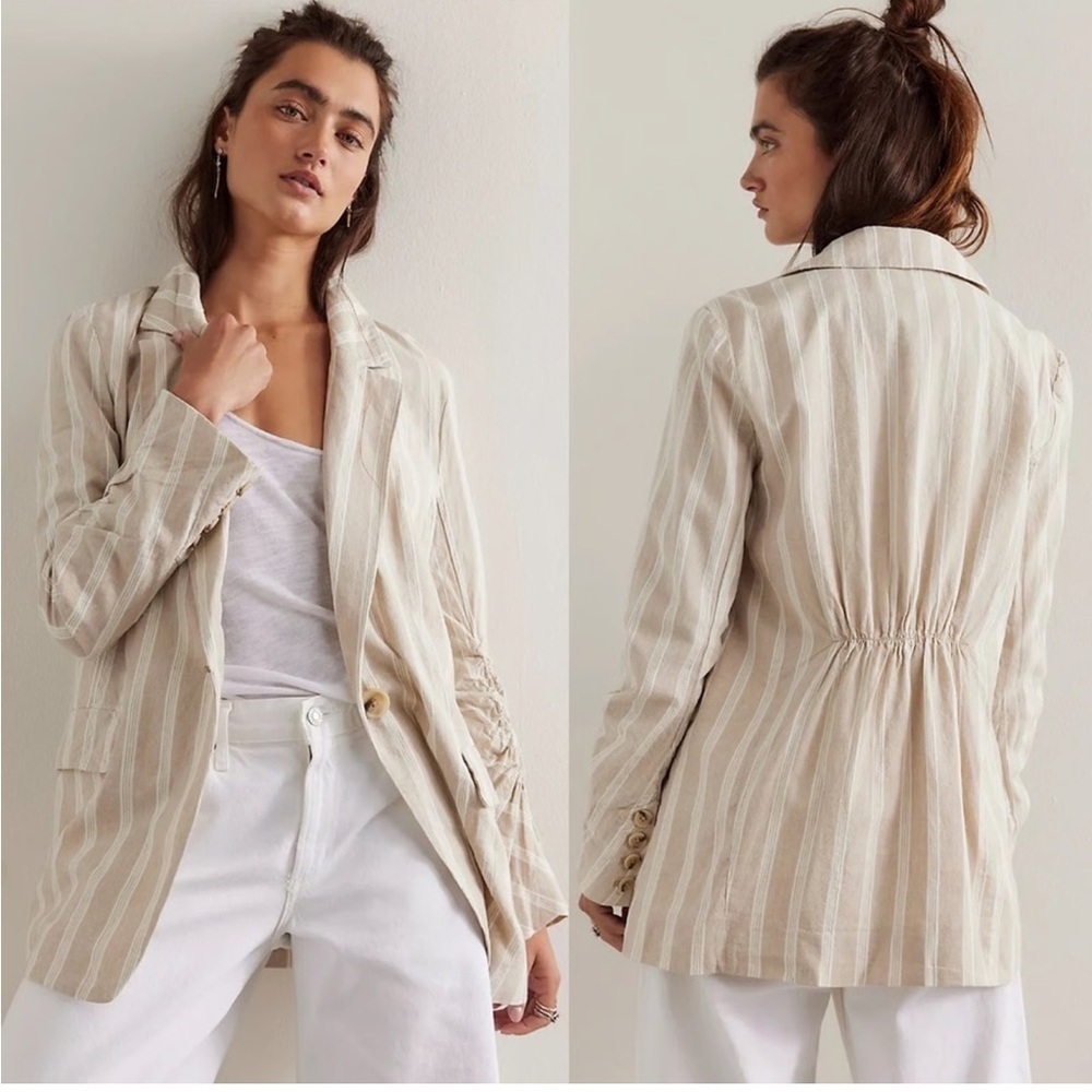 Free People Linen coastal-chic lightweight Fern Blazer striped oversized